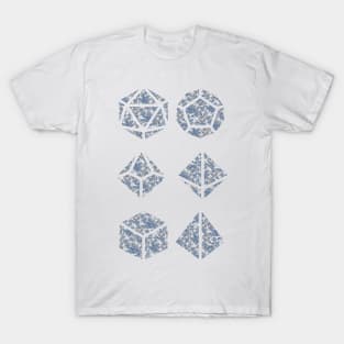 Blue and Parchment White Gradient Rose Vintage Pattern Silhouette Polyhedral Dice - Dungeons and Dragons Design T-Shirt